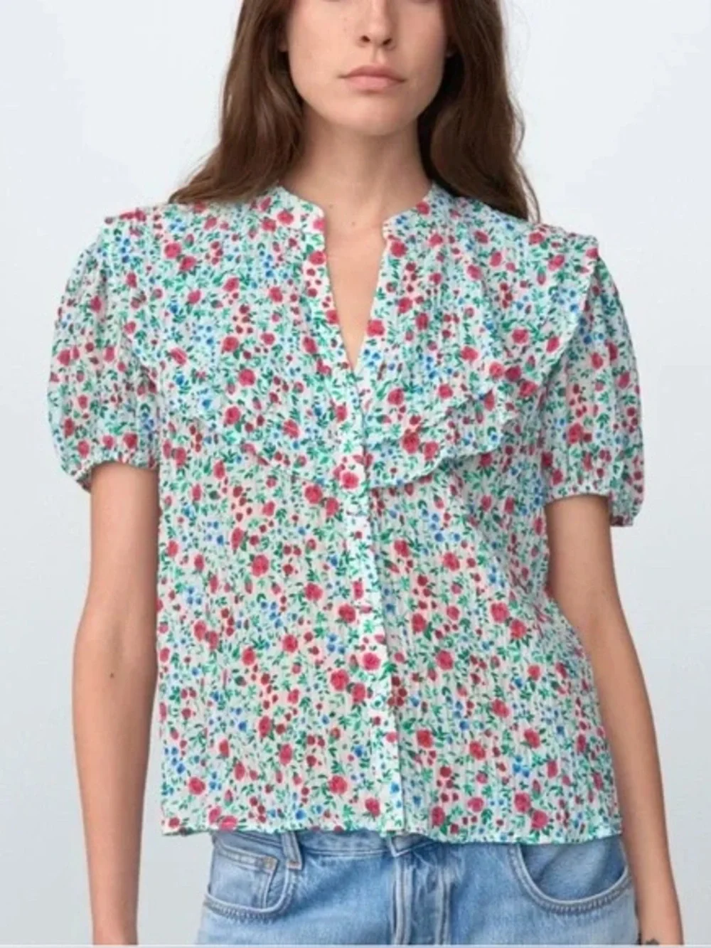 Zara White Floral Print Multi Color Crinkle V-Neck Puff Short Sleeve Top Blouse